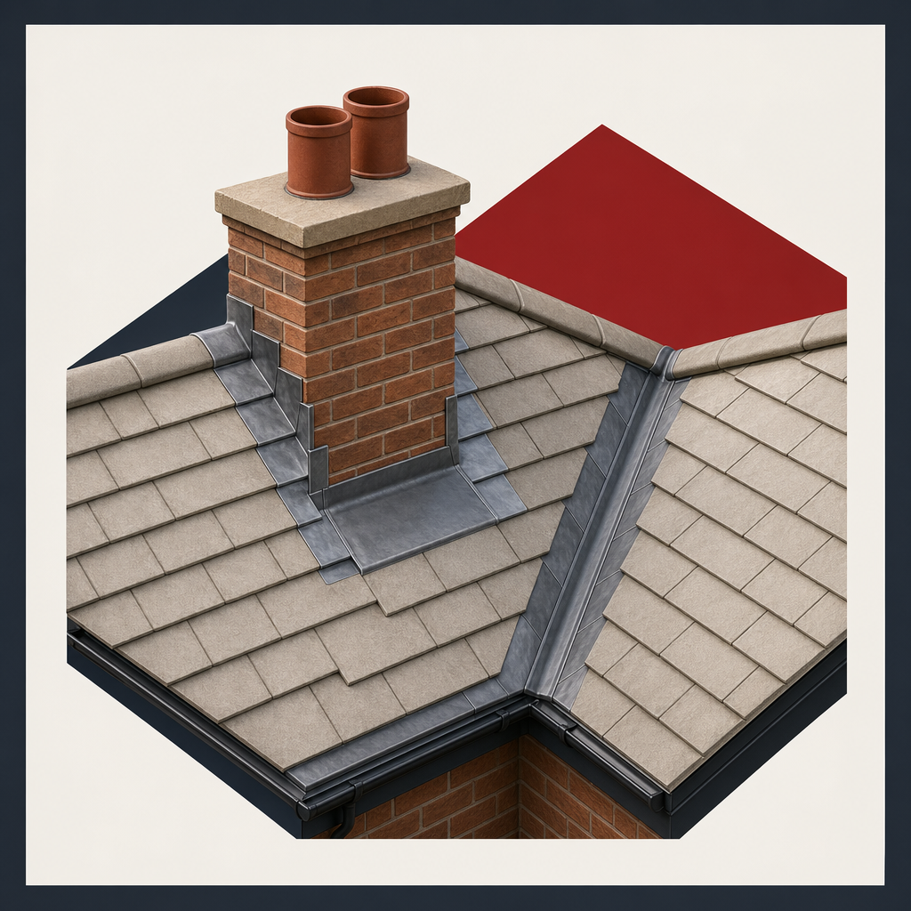 Chimney leadwork and roof valley flashing service graphic