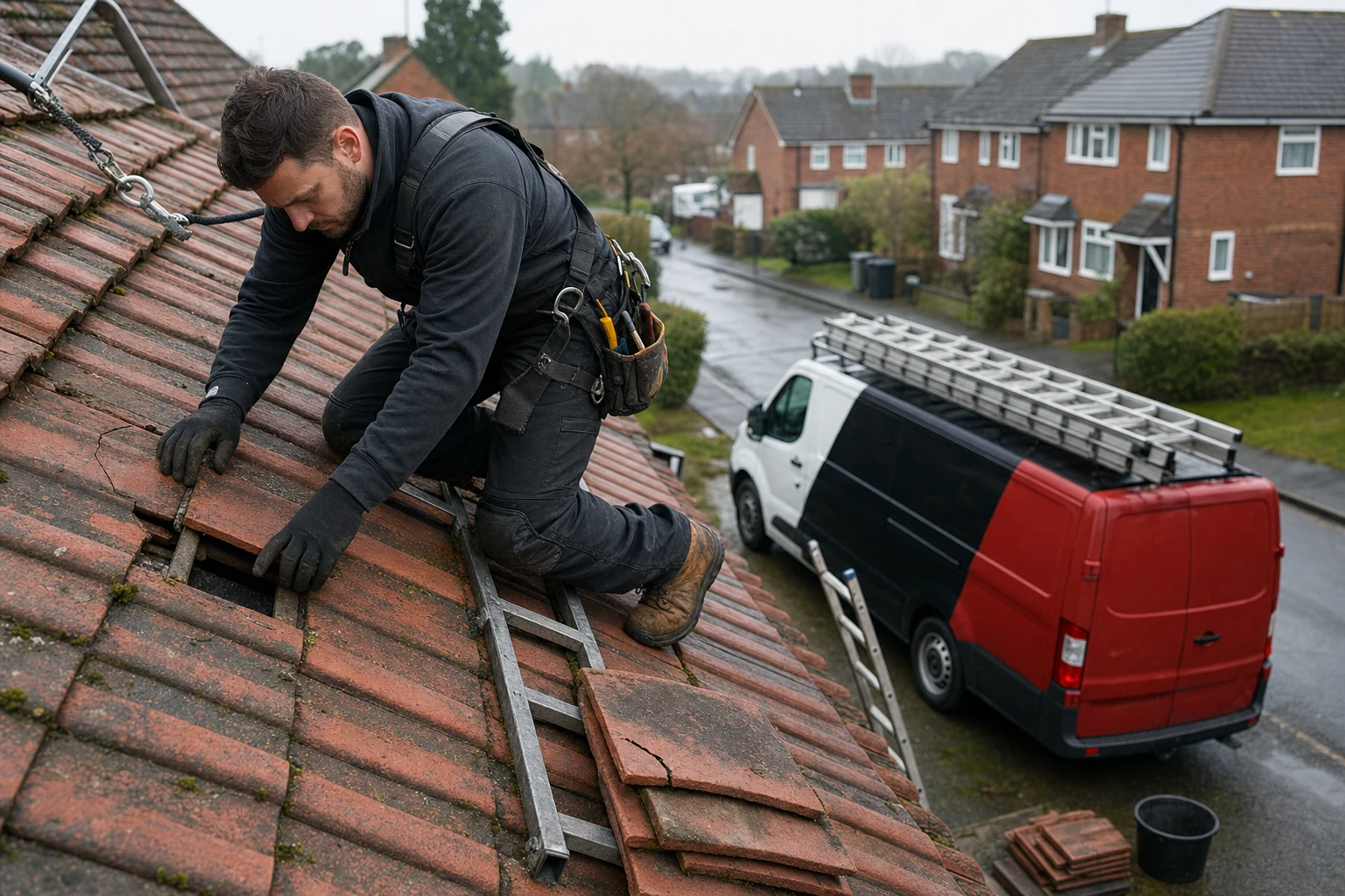 Roofer inspecting cracked tiles on a pitched roof