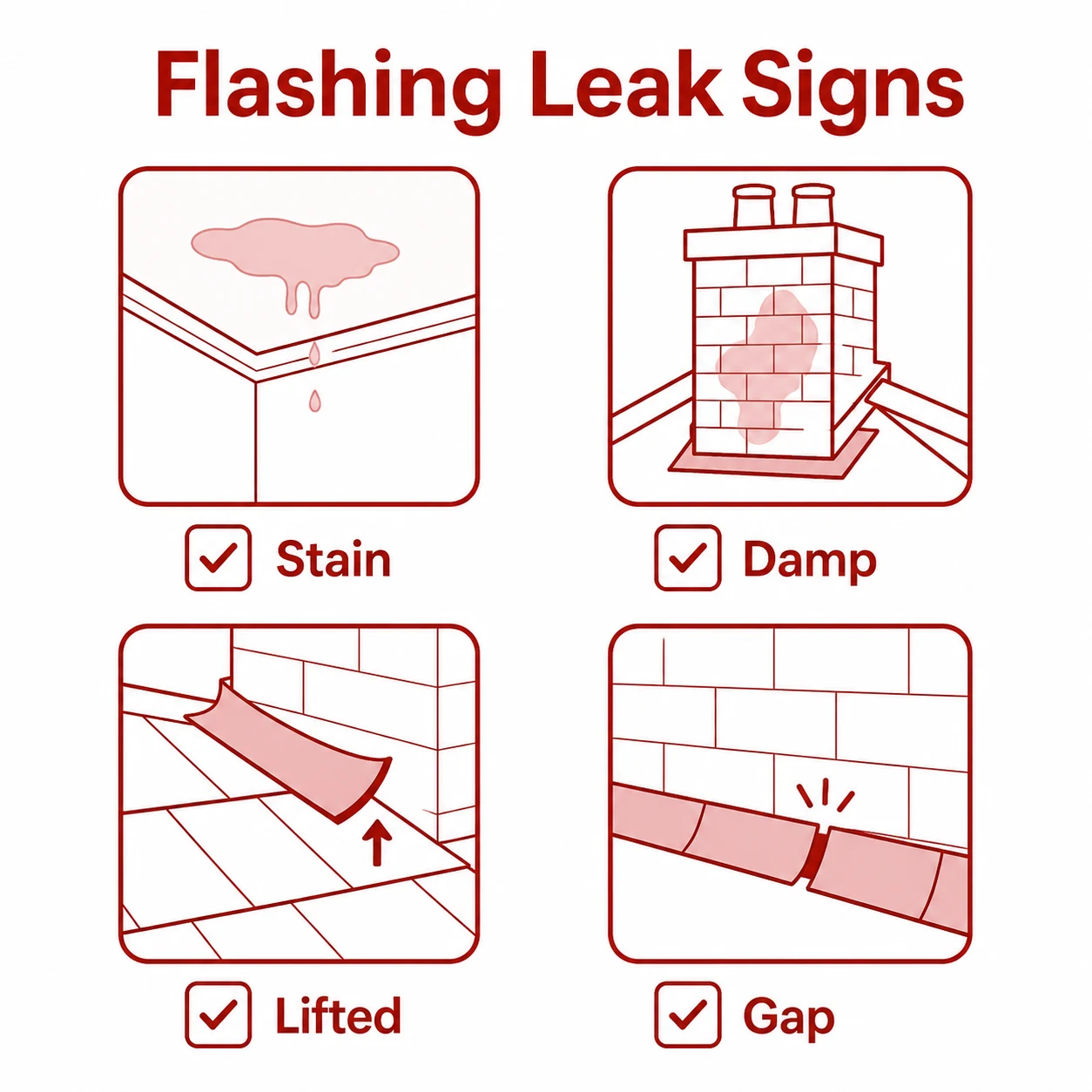 Checklist graphic of signs linked to failed roof flashings