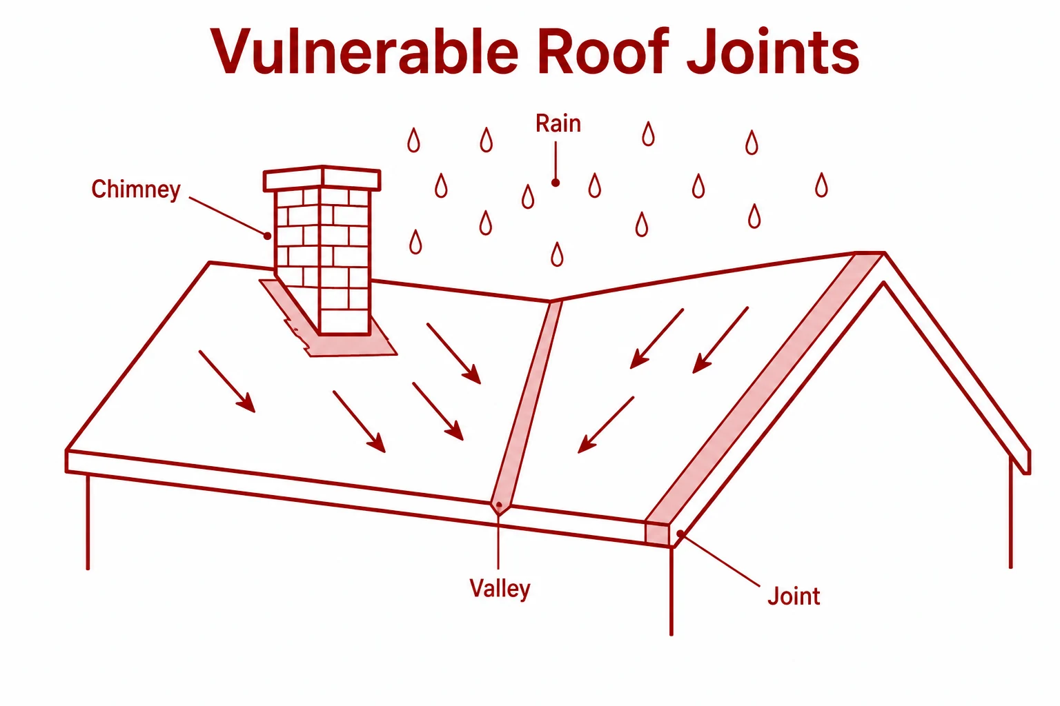 Diagram showing vulnerable roof joints around a chimney and valley